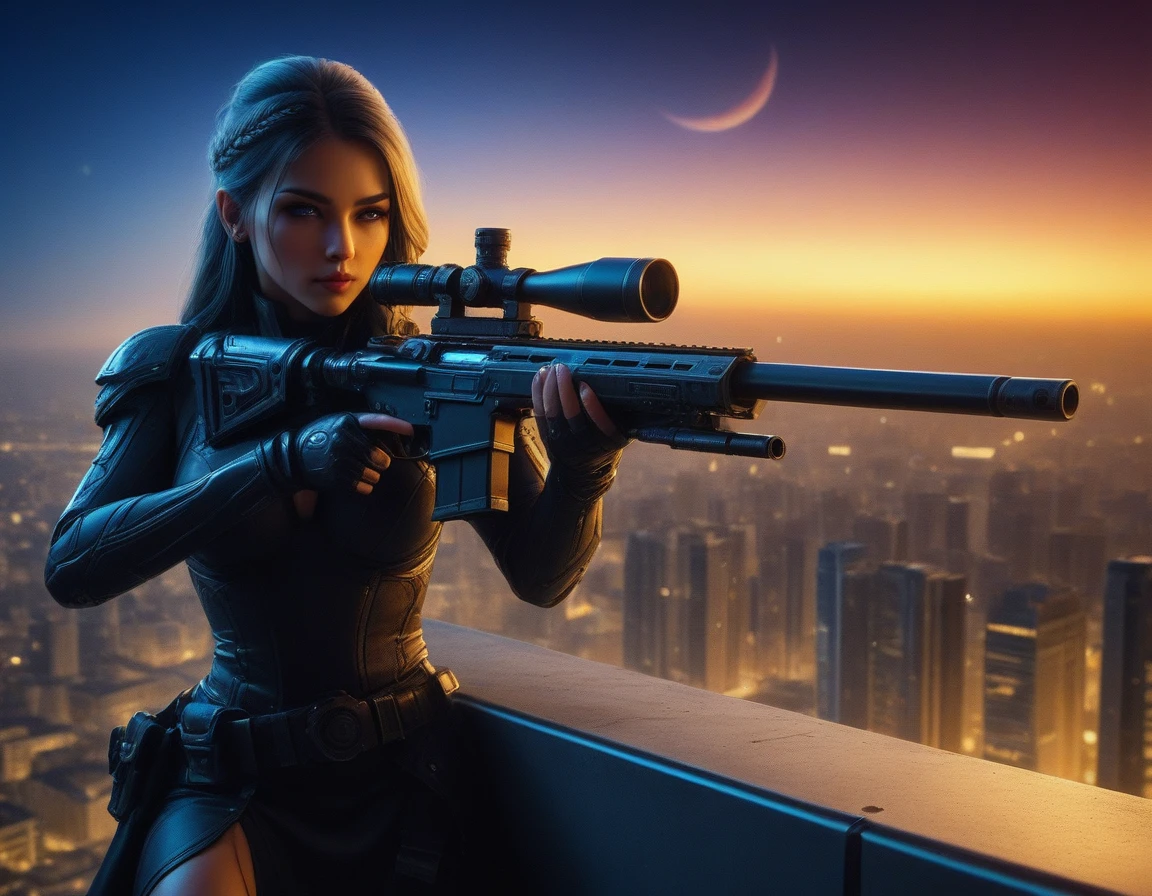 a portrait picture of a 1single woman sniper, standing in a window aiming a sniper rifle, an exotic beautiful woman sniper, dynamic hair, braided hair, full body shop, intense blue eyes, ultra detailed face, wearing (intricate evening dress: 1.5), elegant dress, dynamic color, dynamic style, wearing elegant stiletto heels , behind a window in a tall building at nigh, aiming a Light Sniper Rifle , cyberpunk city background, its night time, moon rays, some clouds,  (full body shot: 1.1) , vibrant, Ultra-high resolution, High Contrast, (masterpiece:1.5), highest quality, Best aesthetics), best details, best quality, highres, ultra wide angle, 16k, [ultra detailed], masterpiece, best quality, (extremely detailed) Sniper Rifle, 