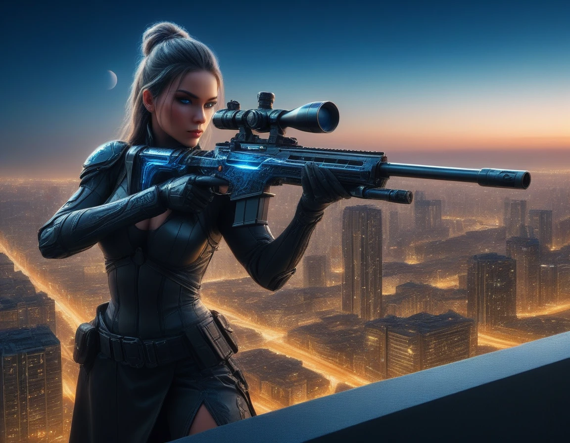 a portrait picture of a 1single woman sniper, standing in a window aiming a sniper rifle, an exotic beautiful woman sniper, dynamic hair, braided hair, full body shop, intense blue eyes, ultra detailed face, wearing (intricate evening dress: 1.5), elegant dress, dynamic color, dynamic style, wearing elegant stiletto heels , behind a window in a tall building at nigh, aiming a Light Sniper Rifle , cyberpunk city background, its night time, moon rays, some clouds,  (full body shot: 1.1) , vibrant, Ultra-high resolution, High Contrast, (masterpiece:1.5), highest quality, Best aesthetics), best details, best quality, highres, ultra wide angle, 16k, [ultra detailed], masterpiece, best quality, (extremely detailed) Sniper Rifle, 