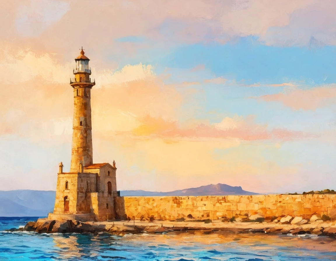 a thick textured oil painting, impasto brushstrokes, dry brushing,revealing underlayers, breathtaking composition, Create an art deco inspired illustration of A scenic lighthouse Chania Lighthouse (Greece), overlooking the turquoise waters of sunset. Include vibrant pastel colors, sleek lines, and a retro summer atmosphere. The style should be reminiscent of vintage travel posters with a modern twist, breathtaking composition, wall art decor, Chania Lighthouse (Greece), Chania Lighthouse (Greece)