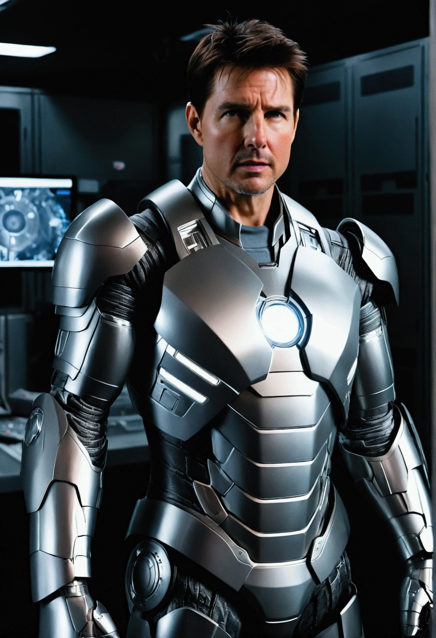 Tom Cruise in silver Iron Man armor, he is in a dark, technological room with several computer images and cameras, detailded, realisitic