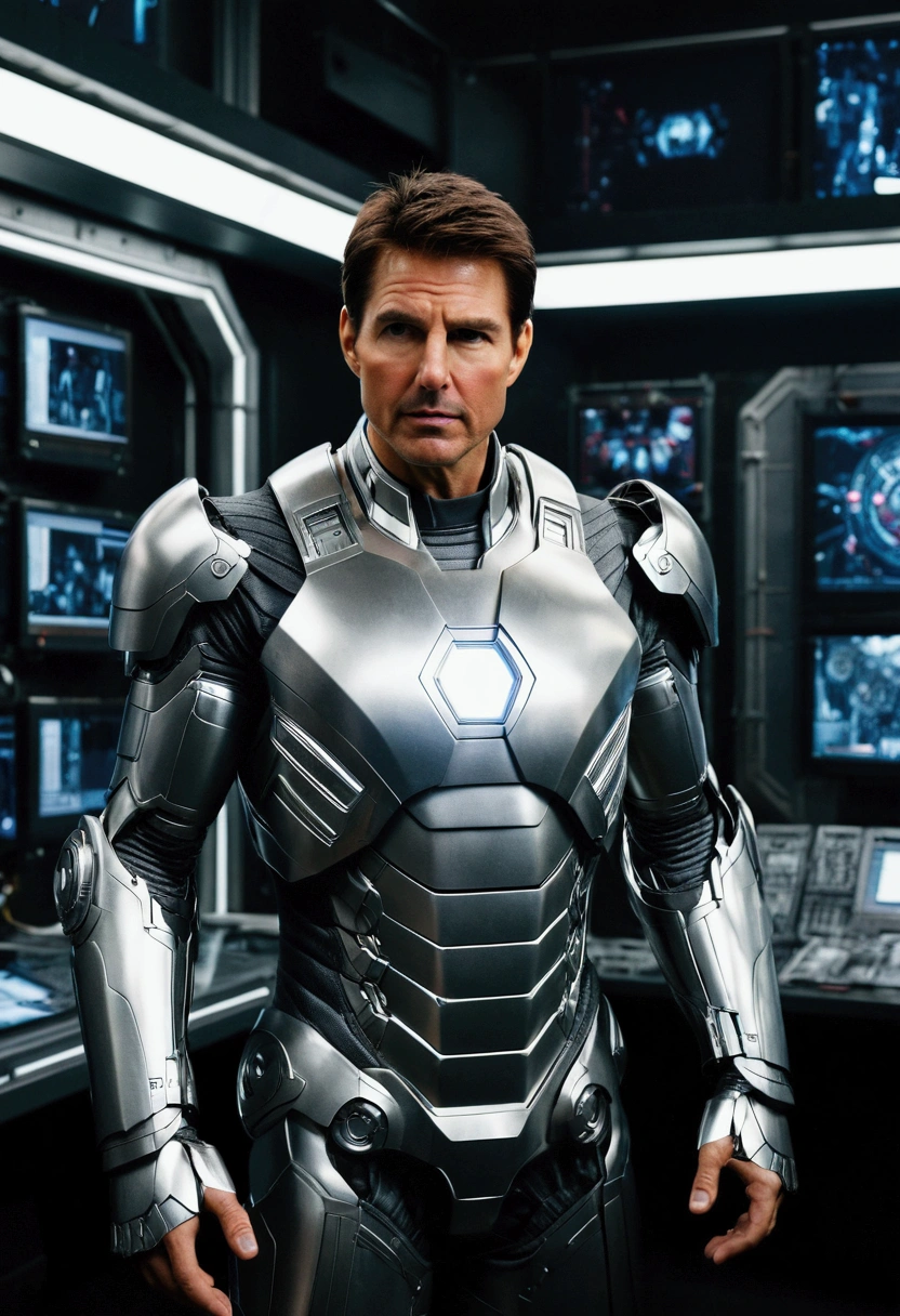Tom Cruise in silver Iron Man armor, he is in a dark, technological room with several computer images and cameras, detailded, realisitic