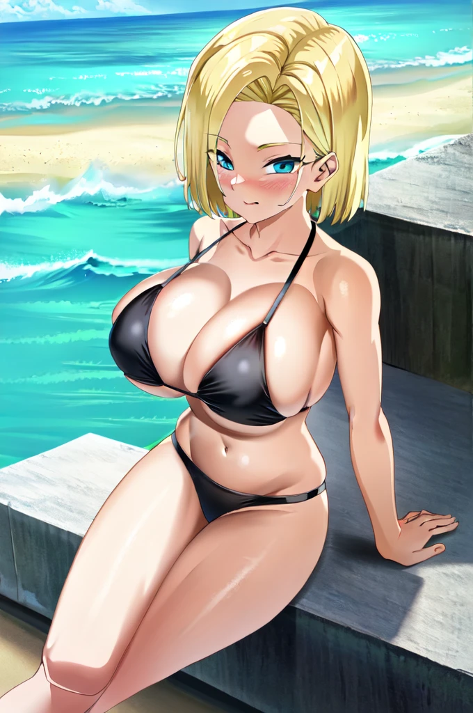 (extremely detailed CG unity 4k wallpaper),(masterpiece),(best quality),(ultra-detailed),(best illustration),(best shadow),(absurdres),(detailed background), Android 18, android 18, solo, blonde hair, 1girl, solo, breasts, looking_at_viewer, blushed smile, large_breasts, cleavage, bare_shoulders, sitting, collarbone, crossed_legs, black underwear, from_below, breasts, large breasts, big breasts, huge breasts, big tits, giant breasts, small bikini, bikini, bare shoulders, bare arms, beach, ocean, underboob