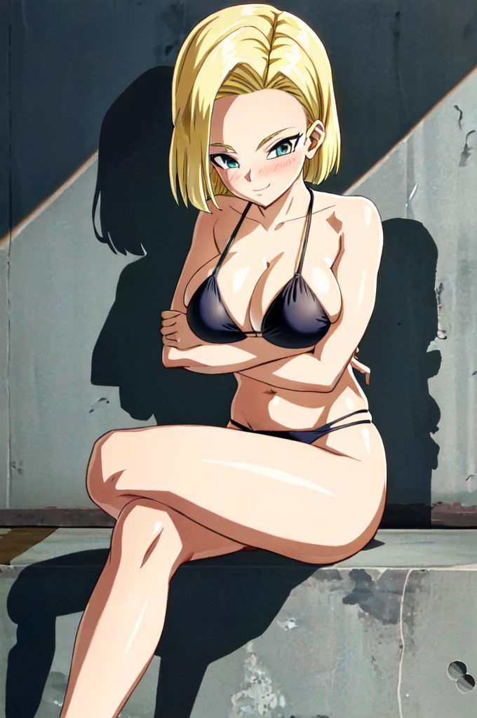 (extremely detailed CG unity 4k wallpaper),(masterpiece),(best quality),(ultra-detailed),(best illustration),(best shadow),(absurdres),(detailed background), Android 18, android 18, solo, blonde hair, 1girl, solo, breasts, looking_at_viewer, blushed smile, large_breasts, cleavage, bare_shoulders, sitting, collarbone, crossed_legs, black underwear, from_below, breasts, large breasts, big breasts, huge breasts, big tits, giant breasts, small bikini, bikini, bare shoulders, bare arms, beach, ocean, underboob