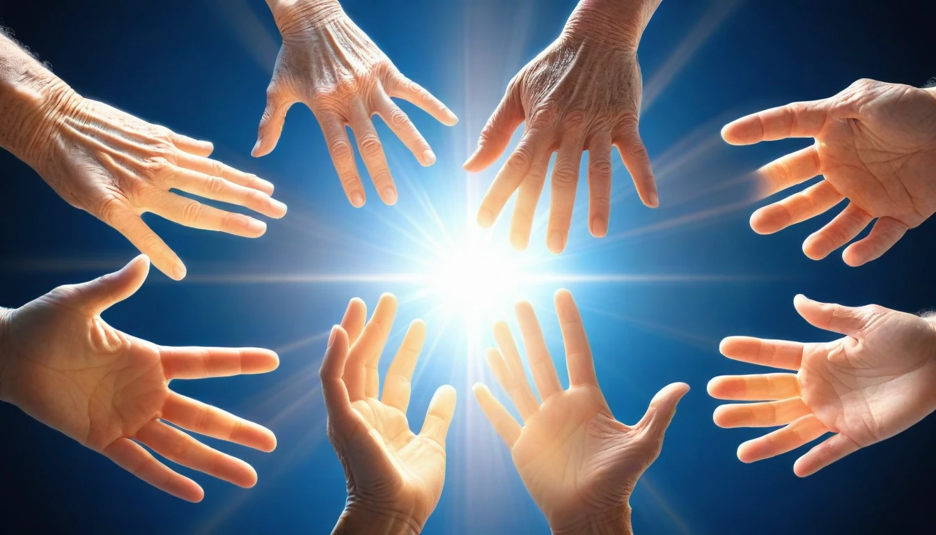 Series of hands in different stages of aging, from youth to old age. A beam of light passes through all hands, symbolizing the continuity of life. Background with regenerating cells. Realistic style with microscopic elements, high definition, realistic style, cinematic style, soft colors. Photorealism style, high resolution, 8k