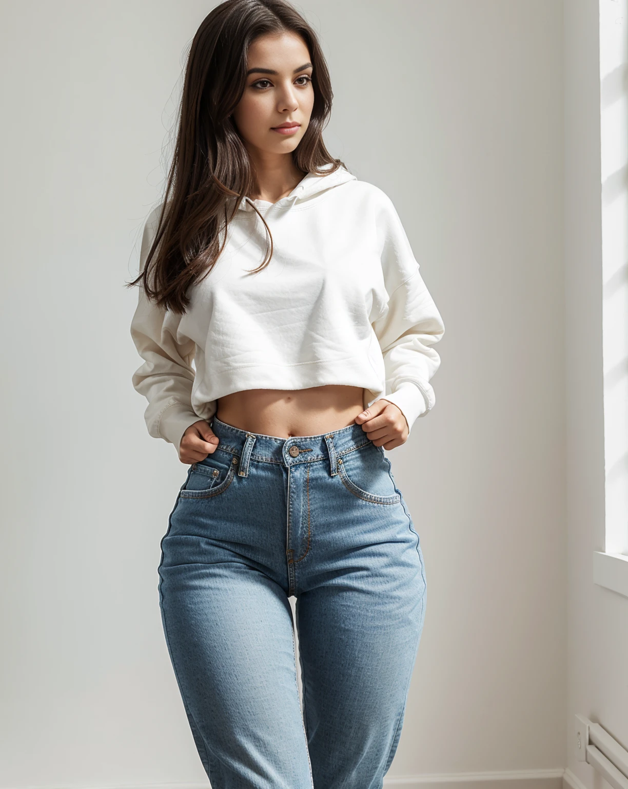 a (beautiful) Young Brazilian girl with (extremely pale:1) skin, with straight black hair, (Small face), Small nose, full lips. (narrow shoulders:1.3),(slim torso:1.5), (slim waist:1.4), (slim belly:1.3), (with thick thighs:1.8), (thick hips:1. 4), 19 year old girl, perfect body, posing confidently. wearing a (JEAN pants and a white sweatshirt:1.4), casual clothes, simple attire. showing (big booty:1.4), looking straight ahead, standing. in a closed room with gray walls, gray wall.