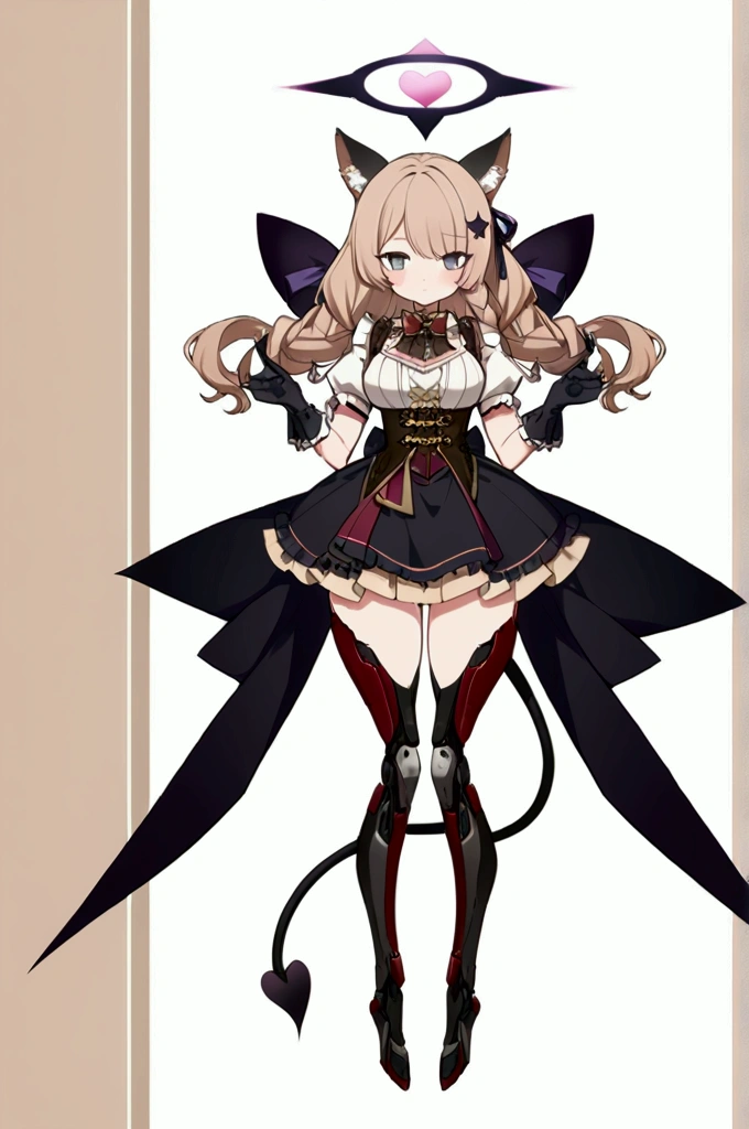 Woman 180cm tall, big chest, wide hip, slim build, charming look, (dark blonde hair), ((hip length loose wavy hair, asymmetrical bangs, star hairpin)), (a short braid on the left and right side of the hair tied with an elegant purple ribbon), (small ribbons at the back of the hair), ((Gray eyes with a pink 4-pointed star in the pupil)), (two black fox ears located on the top of the head), (luminous black halo in the shape of a 4-pointed star on the head), ((It has a small black succubus tail that ends in the shape of a heart)), (((It has complex mechanical legs that reach up to the thighs., The legs are dark gray with small burgundy and black details))), (elegant knee length one piece dress, small Vinotinto bowtie on the neck of the dress, white bust with vertical black lines, lace and ruffle skirt, short sleeves with ruffles, medium tape on the back of the hip of the dress, ribbon decorations and star patterns on the dress), black ruffled gloves, Black platform heels, gray belt at the waist with a large ribbon with a luminous pink heart in the middle, black necklace with a heart pendant on the neck, (((character design sheet: front view))), ((whole body)), extremely detailed beautiful hair, beautiful detailed dress, extremely detailed arms, extremely detailed face, (Extremely detailed hands), perfect hands, small face, Beautiful detailed eyes, beautiful detailed lips, adorable, extremely detailed legs, (Best Quality, 8k, high resolution), ultra detailed, Exquisite and epic character art, ((White background)), (Focus on symmetry), (beautiful detailed succubus tail), (only one woman in the picture)
