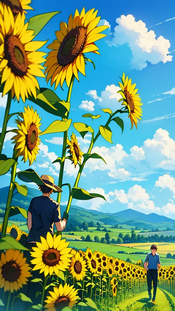 Create an image of two individuals on a sunny day with a clear blue sky, standing in a vibrant green field. One individual is holding a bicycle, and both are surrounded by tall sunflowers. In the background, there are rolling hills leading to mountains in the distance.