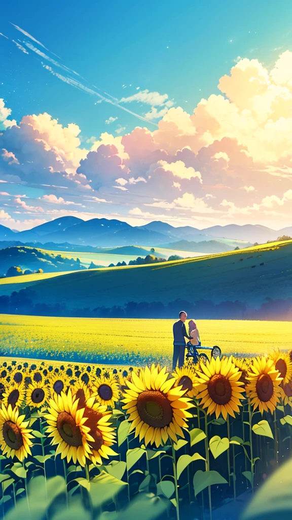 Create an image of two individuals on a sunny day with a clear blue sky, standing in a vibrant green field. One individual is holding a bicycle, and both are surrounded by tall sunflowers. In the background, there are rolling hills leading to mountains in the distance.
