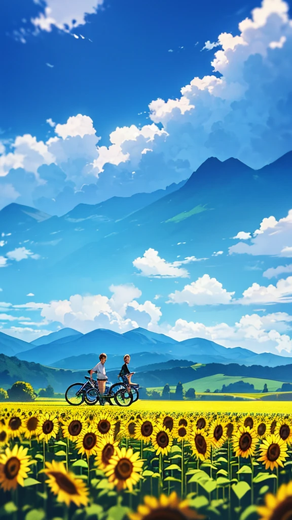 Create an image of two individuals on a sunny day with a clear blue sky, standing in a vibrant green field. One individual is holding a bicycle, and both are surrounded by tall sunflowers. In the background, there are rolling hills leading to mountains in the distance.
