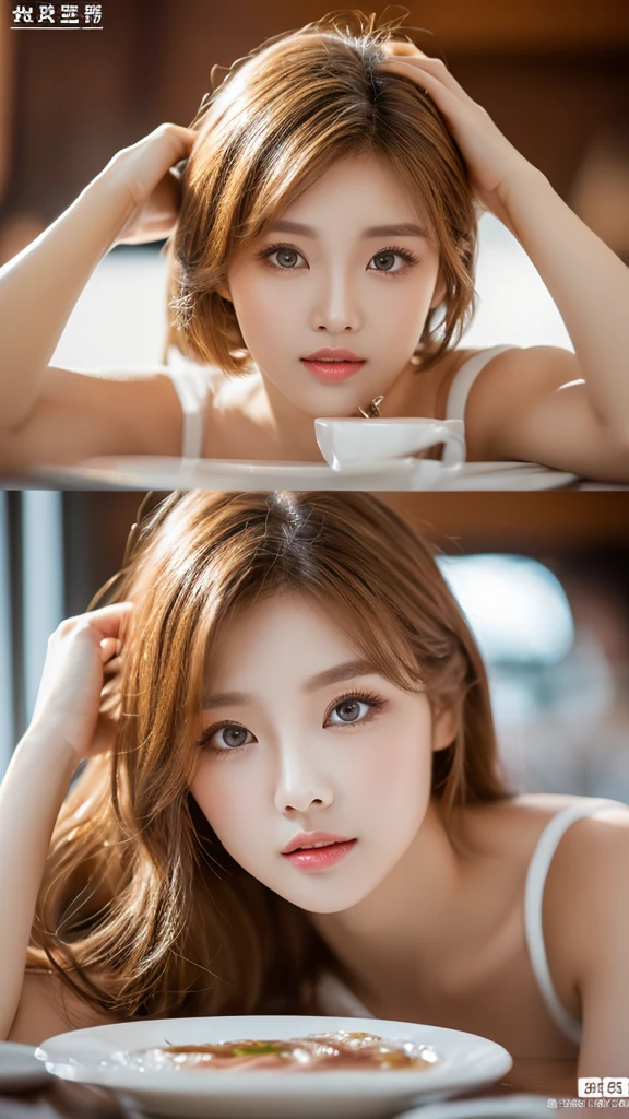 Tabletop、(highest quality、4K、8k、High resolution、masterpiece: 1.2)、Very detailed、(Genuine、photoGenuineistic、photoGenuineistic: 1.37)、full body shot、Complex and beautiful eyes、woman、blonde、Very big 、Natural color lip、Wearing a large white men's shirt over white sheer underwear、bold and sexy pose、smile、entrance、20-year-old girl、A cute and sexy shot of her looking at the camera。