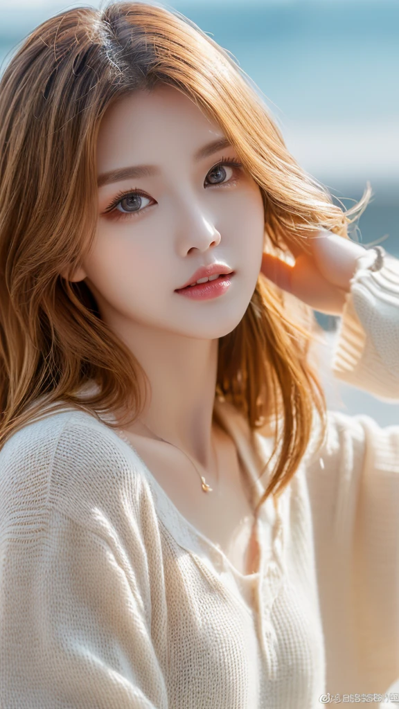 Tabletop、(highest quality、4K、8k、High resolution、masterpiece: 1.2)、Very detailed、(Genuine、photoGenuineistic、photoGenuineistic: 1.37)、full body shot、Complex and beautiful eyes、woman、blonde、Very big 、Natural color lip、Wearing a large white men&#39;s shirt over white sheer underwear、bold and sexy pose、smile、entrance、20-year-old girl、A cute and sexy shot of her looking at the camera。