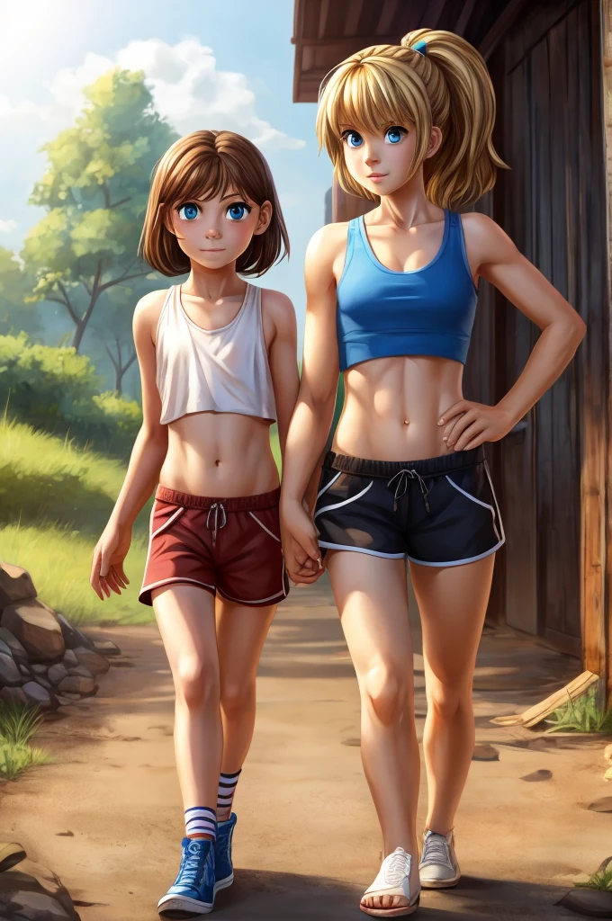 A girl with brown hair and a Hazel's eyes.
 With a tank top and rip beans in bacrebecca with a blonde hair kid. With blue eyes and crop top and shorts 11 Year old 