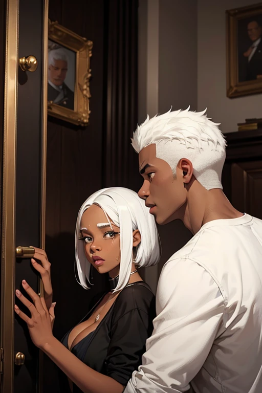 Black couple both with white hair, 1 boy brown, sweaty Black couple, trapped in room with sad yet sexy 1girl caramel brown skinned. White hair, young, trying to escape the room