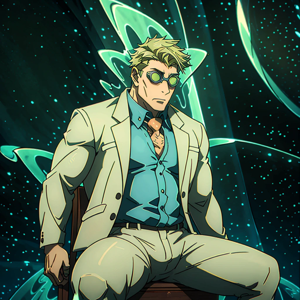 masterpiece,highres,high quality,extremely detailed,solo, goggles,tinted eyewear, KentoNanami,1man, serious,jacket,formal,suit,collared shirt,blue shirt, full body,fighting_stance,(aura:1.5), buffed, sitting on the chair, spreaded legs