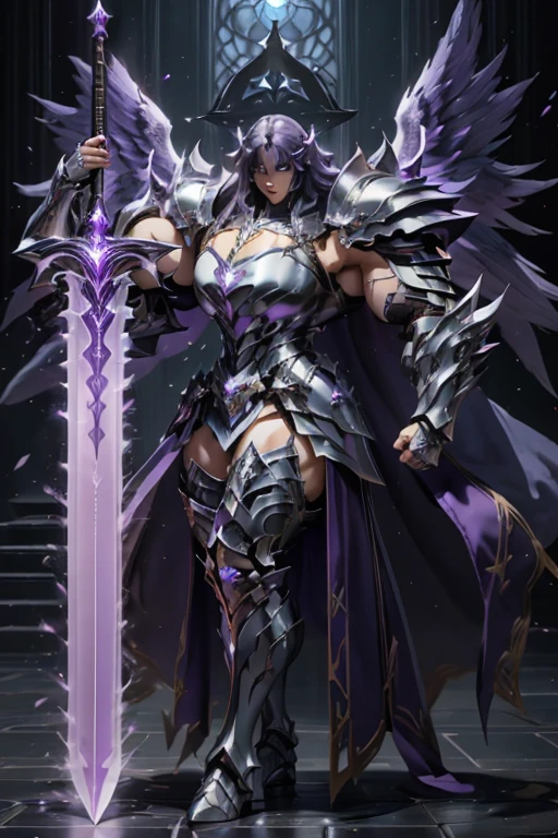 (((Massive beautiful, buff, pale white skinned muscular female saint knight with violet purple hair, black lipstick, ginormous bulky muscles, carrying a giant sword and wearing a violet Saint Seiya Gemini Armor))), (((close-up view))), large breast, massive muscles, massive biceps, hyper muscle shoulders, hyper muscle triceps, (long hair with long bangs), black eyes, (Paladin boots), (angel metal armor), breastplate, (angel gauntlets), (holy Shoulder armor), closed smile, (in a heavenly castle), Vascular arms, hyper muscles arms, hyper muscle legs, massive buff arms.