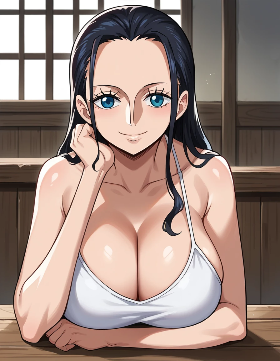 score_9, score_8_up, score_7_up, source_anime, best quality, clear face, 1girl, Nico Robin, black hair, long hair, blue eyes, large breasts, white camisole, cleavage, smile, looking at viewer, indoor, from front, upper body, head rest, wood table, breasts on table, squeezing breasts