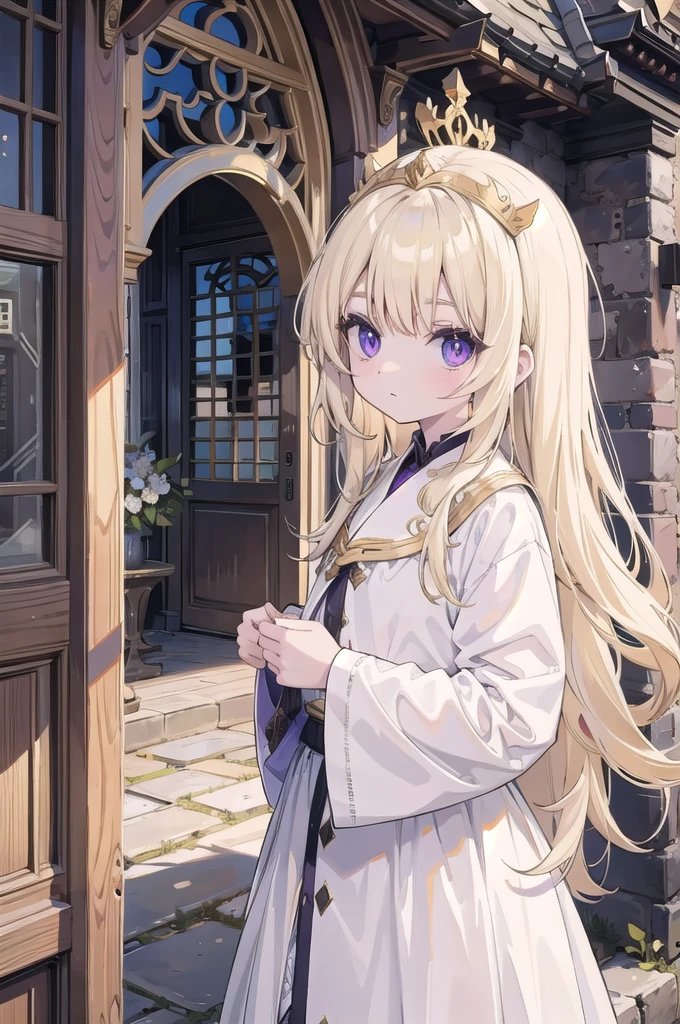 blonde, pale skin, long hair, wavy, big purple eyes, olis, beatiful house, time of feudalism.