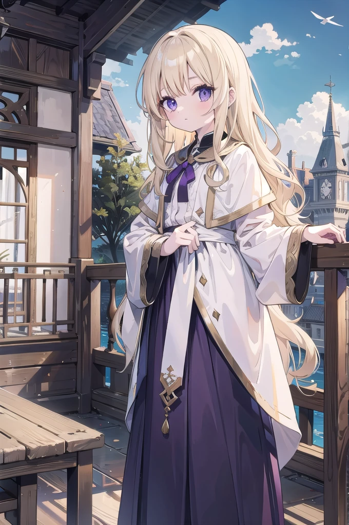 blonde, pale skin, long hair, wavy, big purple eyes, olis, beatiful house, time of feudalism.