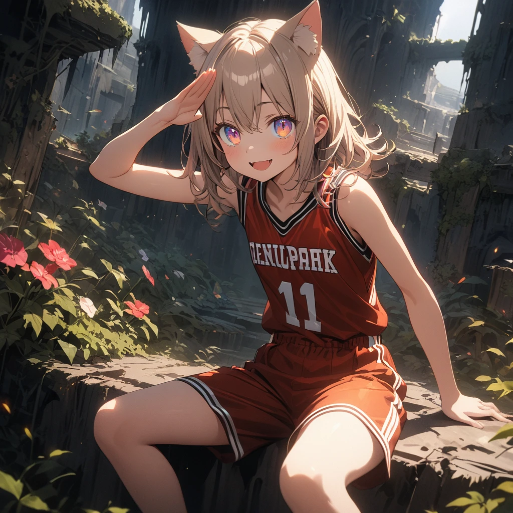 ((Masterpiece)), ((best quality)), (Anime), ((kawaii)), ((extremely detailed)), 4K, (8K), (super detail:1.2),(High Definition:1.3), (Professional Photography:1.2), (wide shot), cinematic lighting, (very aesthetic:1.2), (absurdres:1.2), (sharp focus), (perfect light), ((12 years old)), 8K, cinematic lighting, unruly hair, medium hair, ((loose-fitting basketball uniform)), red basketball uniform, Slender body, Pudgy cheek, ((small breast)), naughty smile, (open mouth), Textured skin, cat ears, pale brown hair, Cute Beautiful girl, (Healthy and toned body), slim body, BREAK, ((best quality)), ((extremely detailed)), (open legs), ((Military salute pose right hand only)), (sitting on the ancient ruined overgrown), Decorated flowers, ((obscurity atmosphere)), (long eyelashes), ((baggy eyes)), colorful eyes, round eyes,