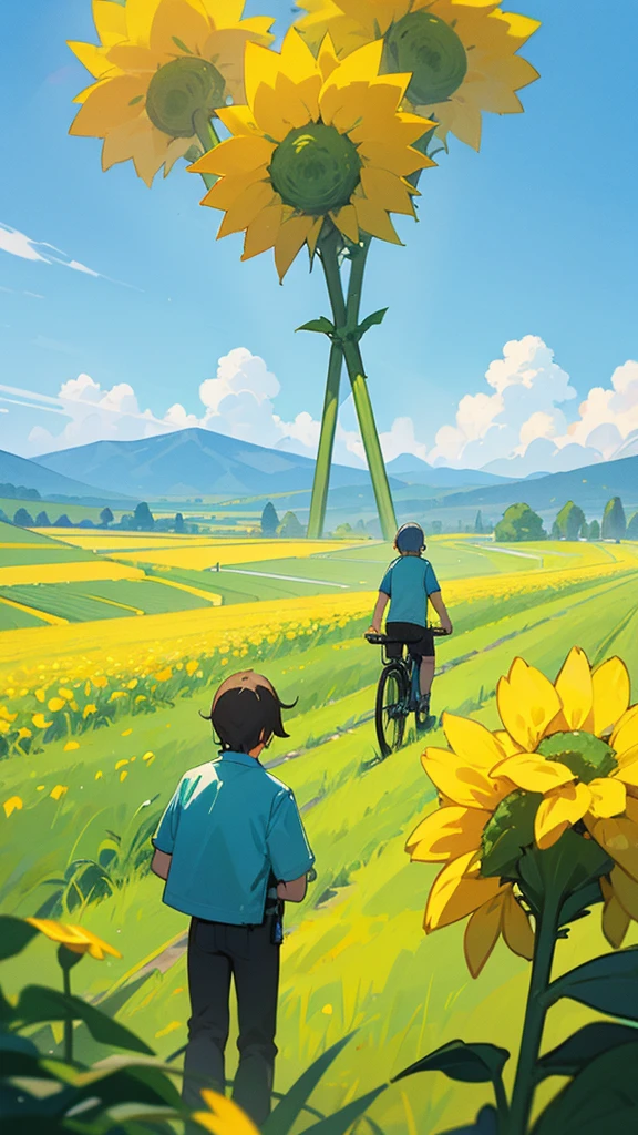 Create an image of two individuals on a sunny day with a clear blue sky, standing in a vibrant green field. One individual is holding a bicycle, and both are surrounded by tall sunflowers. In the background, there are rolling hills leading to mountains in the distance.
