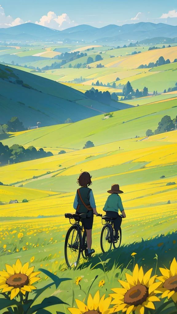 Create an image of two individuals on a sunny day with a clear blue sky, standing in a vibrant green field. One individual is holding a bicycle, and both are surrounded by tall sunflowers. In the background, there are rolling hills leading to mountains in the distance.
