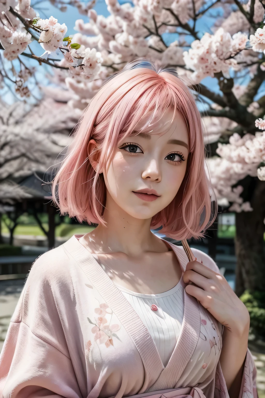 A woman with pink hair, surrounded by sakura, in Japan.