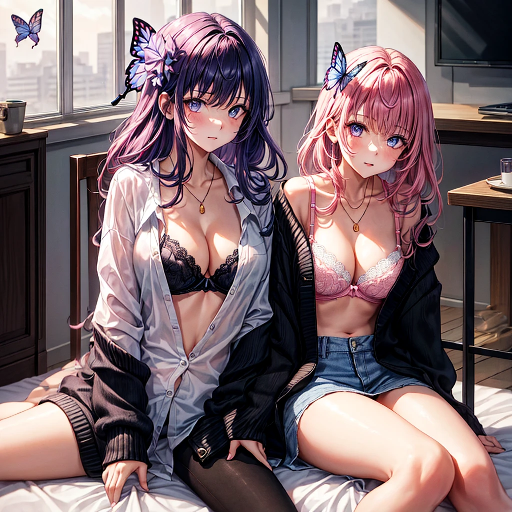 , 1 girl, pink hair, butterfly hair topper, black cardigan, white unbuttoned T-shirt, black bra, medium , plunging neckline, full length flat, looking at viewer, front view, in a room, sunlight, one bed in the background, 2d, masterpiece.