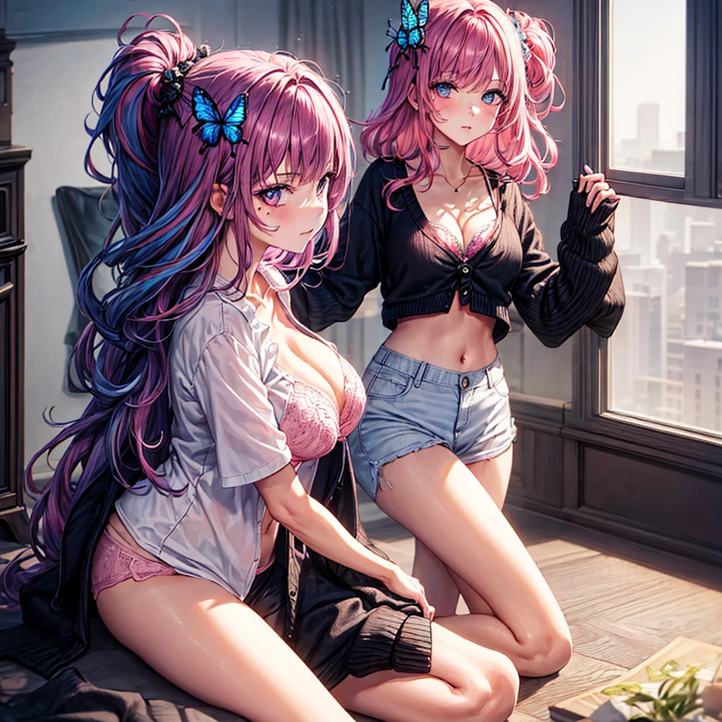 , 1 girl, pink hair, butterfly hair topper, black cardigan, white unbuttoned T-shirt, black bra, medium , plunging neckline, full length flat, looking at viewer, front view, in a room, sunlight, one bed in the background, 2d, masterpiece.