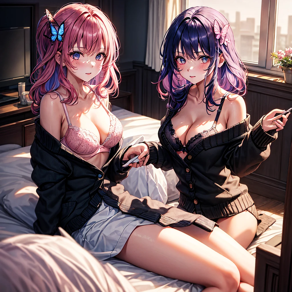 , 1 girl, pink hair, butterfly hair topper, black cardigan, white unbuttoned T-shirt, black bra, medium , plunging neckline, full length flat, looking at viewer, front view, in a room, sunlight, one bed in the background, 2d, masterpiece.