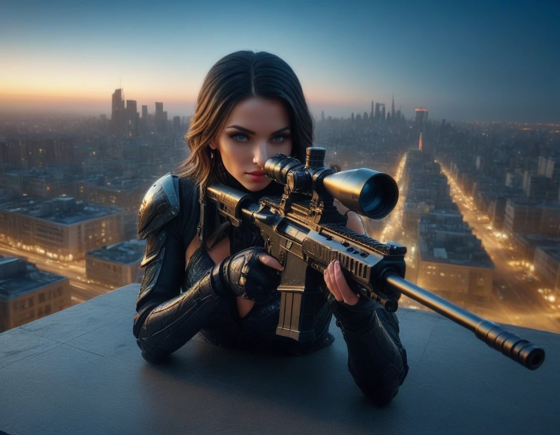 a portrait picture of a 1single woman sniper, standing in a window aiming a sniper rifle, an exotic beautiful woman sniper, dynamic hair, braided hair, full body shop, intense blue eyes, ultra detailed face, wearing (intricate evening dress: 1.5), elegant dress, dynamic color, dynamic style, wearing elegant stiletto heels , behind a window in a tall building at nigh, aiming a Light Sniper Rifle , cyberpunk city background, its night time, moon rays, some clouds,  (full body shot: 1.1) , vibrant, Ultra-high resolution, High Contrast, (masterpiece:1.5), highest quality, Best aesthetics), best details, best quality, highres, ultra wide angle, 16k, [ultra detailed], masterpiece, best quality, (extremely detailed) Sniper Rifle, evening dress