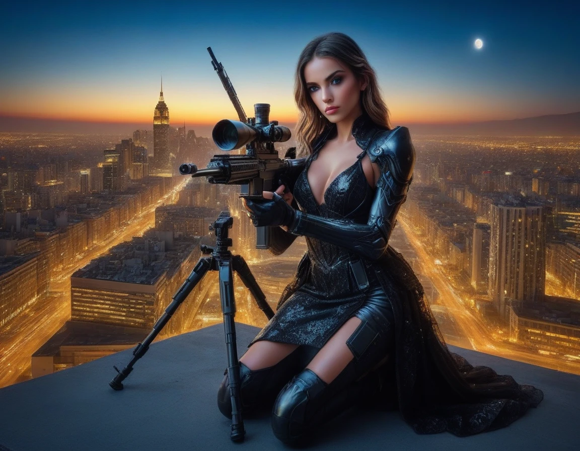 a portrait picture of a 1single woman sniper, standing in a window aiming a sniper rifle, an exotic beautiful woman sniper, dynamic hair, braided hair, full body shop, intense blue eyes, ultra detailed face, wearing (intricate evening dress: 1.5), elegant dress, dynamic color, dynamic style, wearing elegant stiletto heels , behind a window in a tall building at nigh, aiming a Light Sniper Rifle , cyberpunk city background, its night time, moon rays, some clouds,  (full body shot: 1.1) , vibrant, Ultra-high resolution, High Contrast, (masterpiece:1.5), highest quality, Best aesthetics), best details, best quality, highres, ultra wide angle, 16k, [ultra detailed], masterpiece, best quality, (extremely detailed) Sniper Rifle, evening dress