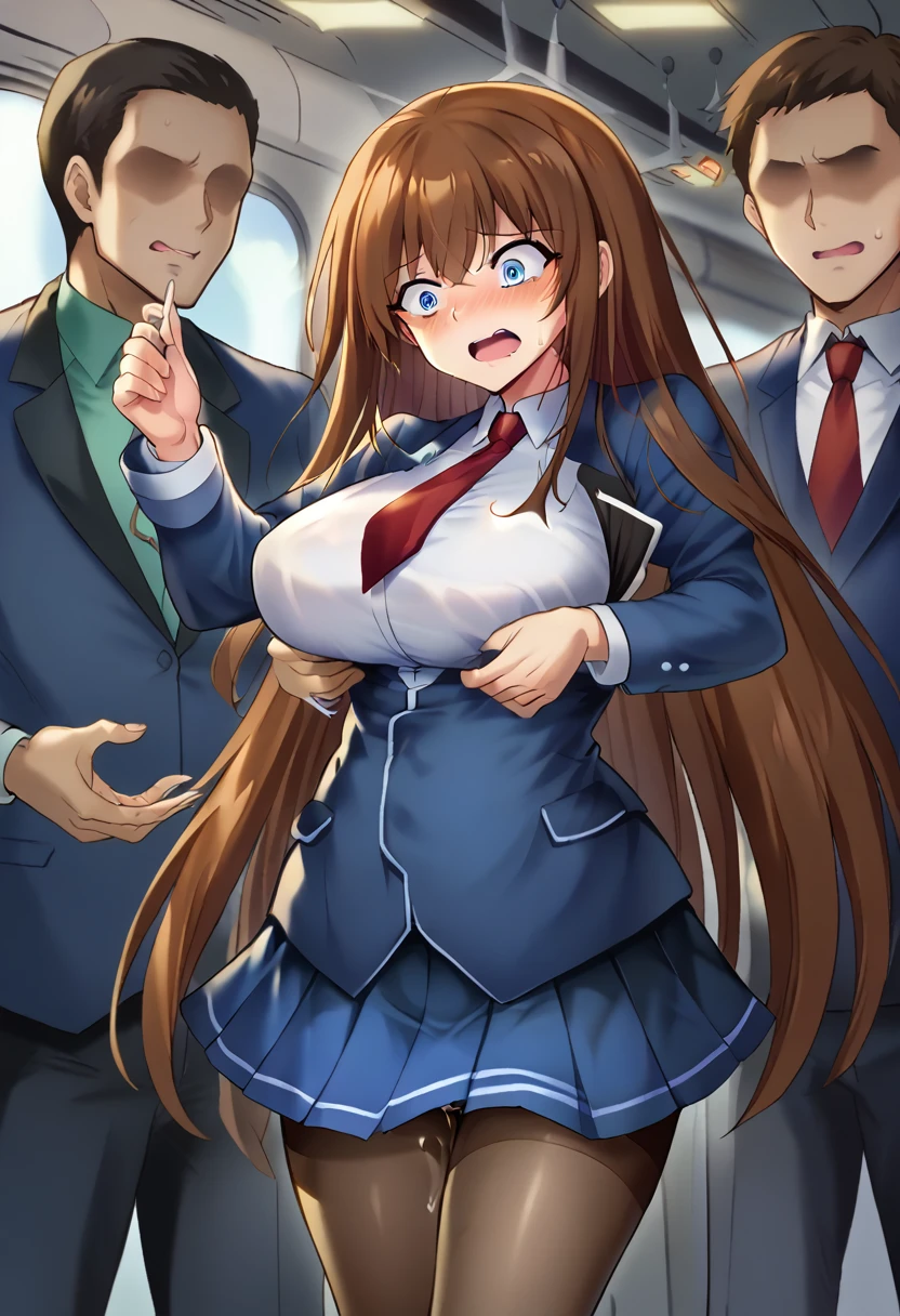 masterpiece, Highest quality, 1 person,( Large Breasts,Are standing, View your viewers,),Detailed Background、A person who writes in detail、Accurate human body、Knowledgeable person、Accurate 5 fingers,Mature Woman,Thick thighs,Curvy Body,明日香,blue eyes,very long hair,brown hair,black pantyhose,red necktie,pleated skirt,long sleeves,blue jacket,((Absolute area)),method, (Inside the train), netorare, different, Grab, Heterosexual, Pussy juice, Crazy behavior, Public indecency, Public use, Fingering, Two boys, Faceless Man, subsidy exposed