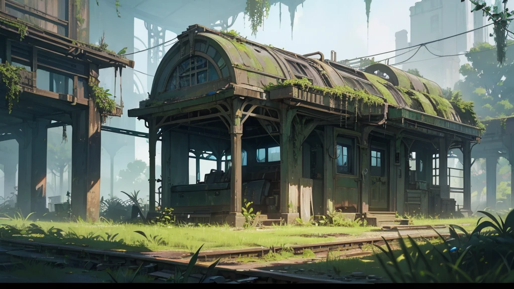 a futuristic abandoned railway station, overgrown with lush vegetation, time-worn and decaying, a surreal and dystopian landscape, intricate details, cinematic lighting, moody atmosphere, photorealistic, highly detailed, 8k, masterpiece