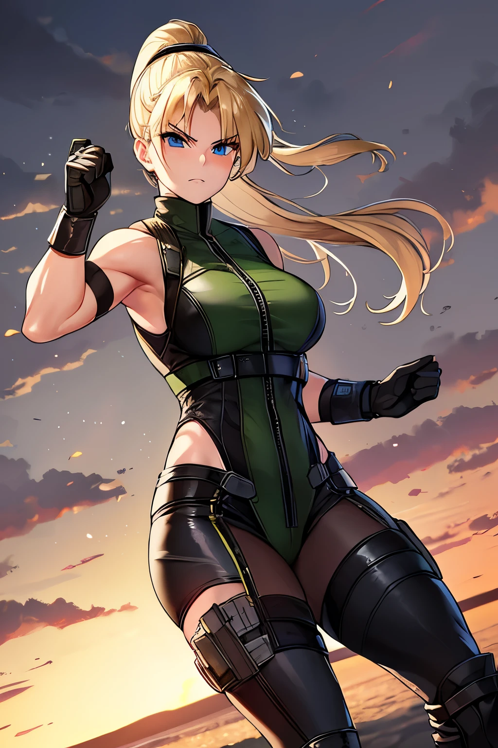 masterpiece, best quality, highres, 1girl, cammy white, twin braids, long hair, blonde hair, antenna hair, beret, (red headwear:1.3), blue eyes, scar on cheek, green leotard, large breasts, sleeveless, red gloves, fingerless gloves, camouflage, cowboy shot, standing, outdoors, arms at sides, straight-on,