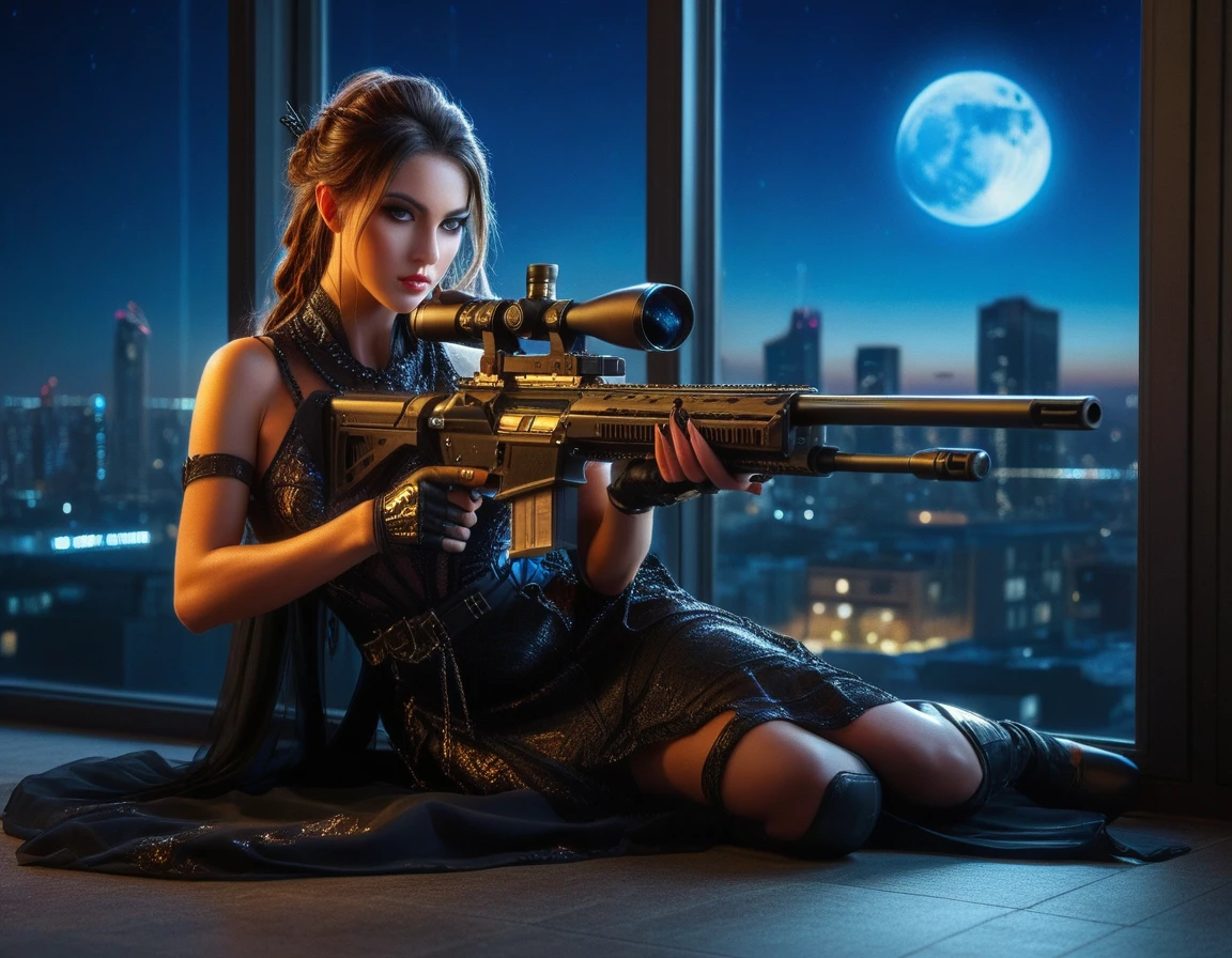 a portrait picture of a 1single woman sniper, standing in a window aiming a sniper rifle, an exotic beautiful woman sniper, dynamic hair, braided hair, full body shop, intense blue eyes, ultra detailed face, wearing (intricate evening dress: 1.5), elegant dress, dynamic color, dynamic style, wearing elegant stiletto heels , behind a window in a tall building at nigh, aiming a Light Sniper Rifle , cyberpunk city background, its night time, moon rays, some clouds,  (full body shot: 1.1) , vibrant, Ultra-high resolution, High Contrast, (masterpiece:1.5), highest quality, Best aesthetics), best details, best quality, highres, ultra wide angle, 16k, [ultra detailed], masterpiece, best quality, (extremely detailed) Sniper Rifle, evening dress