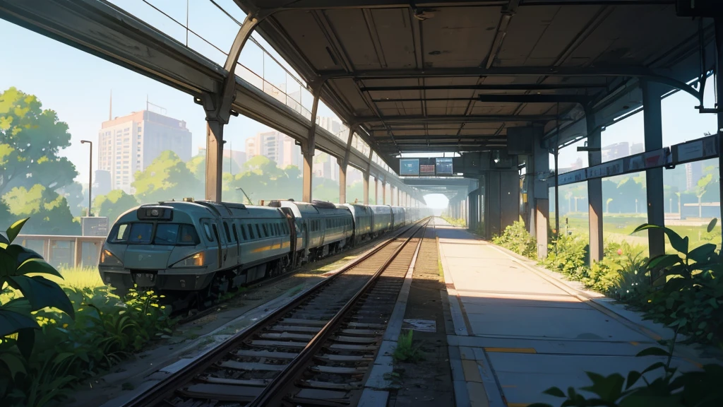 create a futuristic role-playing scenario seen from a train station and its abandoned railway amidst time and plants taking over the entire scene.