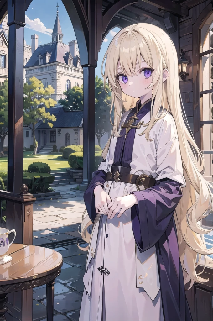blonde, pale skin, long hair, wavy, big purple eyes, olis, adult, beatiful house, time of feudalism.