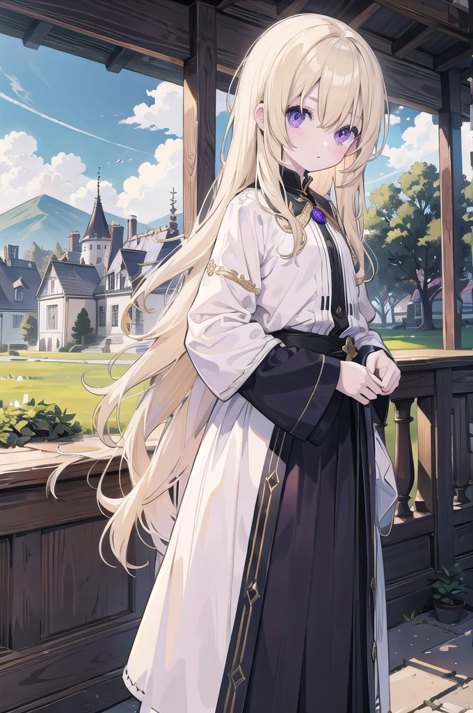 blonde, pale skin, long  hair, wavy, big purple eyes, olis, adult, beatiful house, time of feudalism.