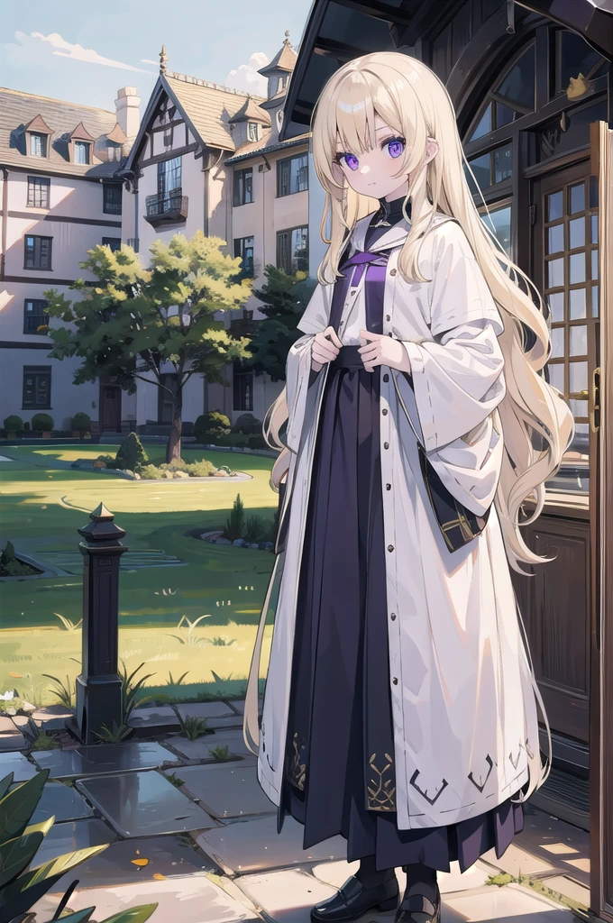 blonde, pale skin, long hair, wavy, big purple eyes, olis, adult, beatiful house, time of feudalism.