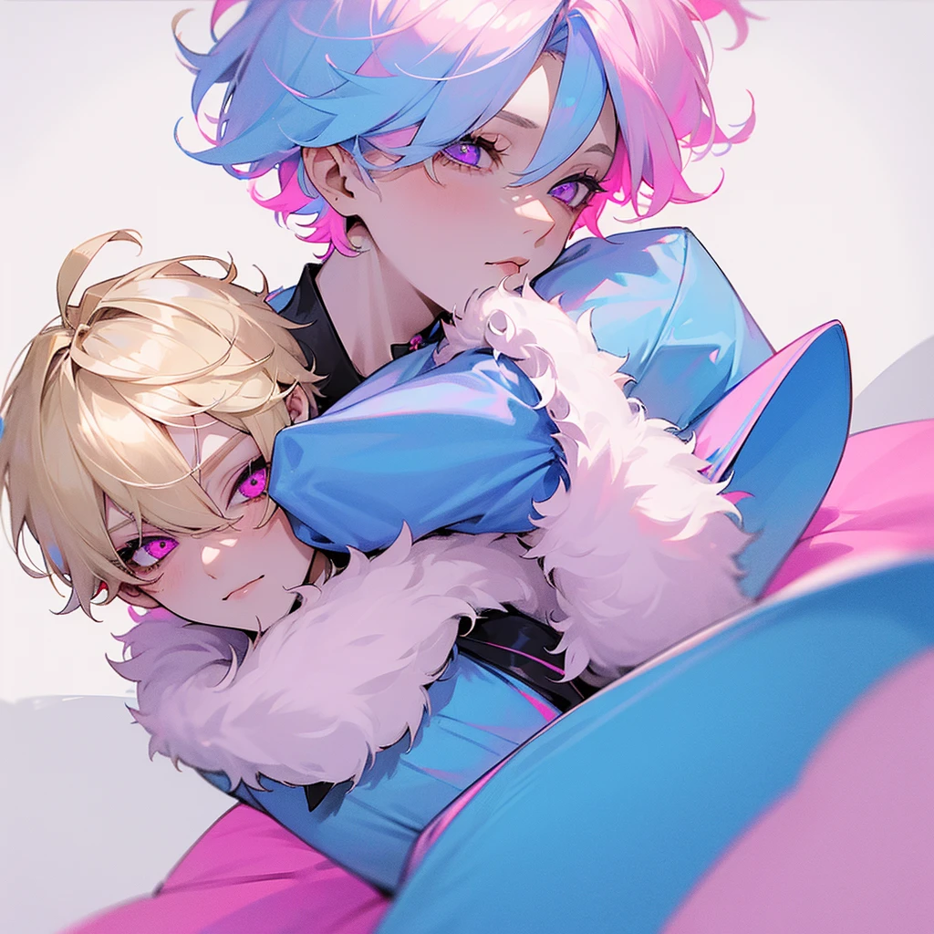 Boy, male, short blonde hair, fluffy hair, blue and pink ta dress, pastel, Lolipastel goth, cute, adorable, Femboy, man, pretty, neon pink eyes