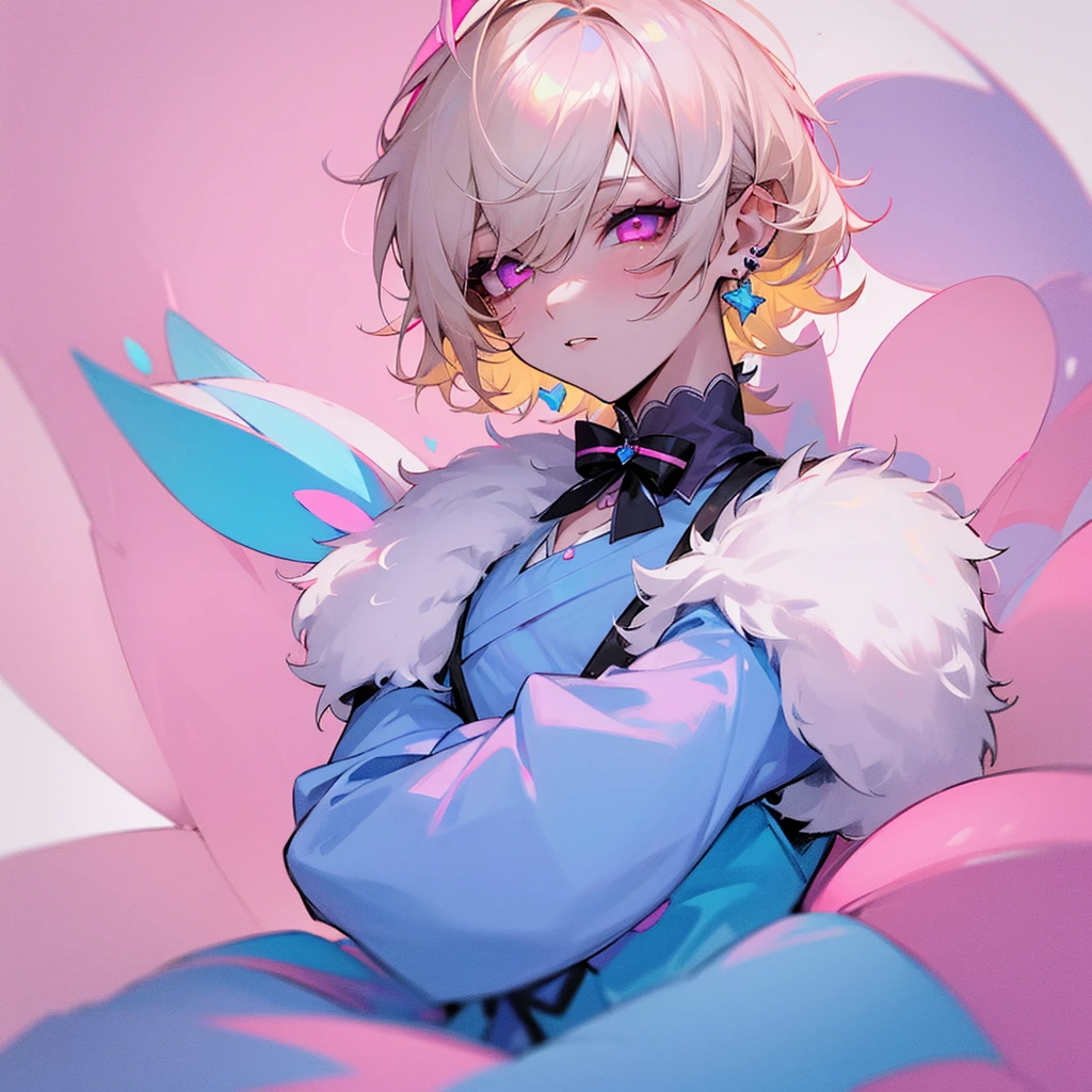 Boy, male, short blonde hair, fluffy hair, blue and pink Lolita dress, pastel, Lolita, pastel goth, cute, adorable, Femboy, man, pretty, neon pink eyes