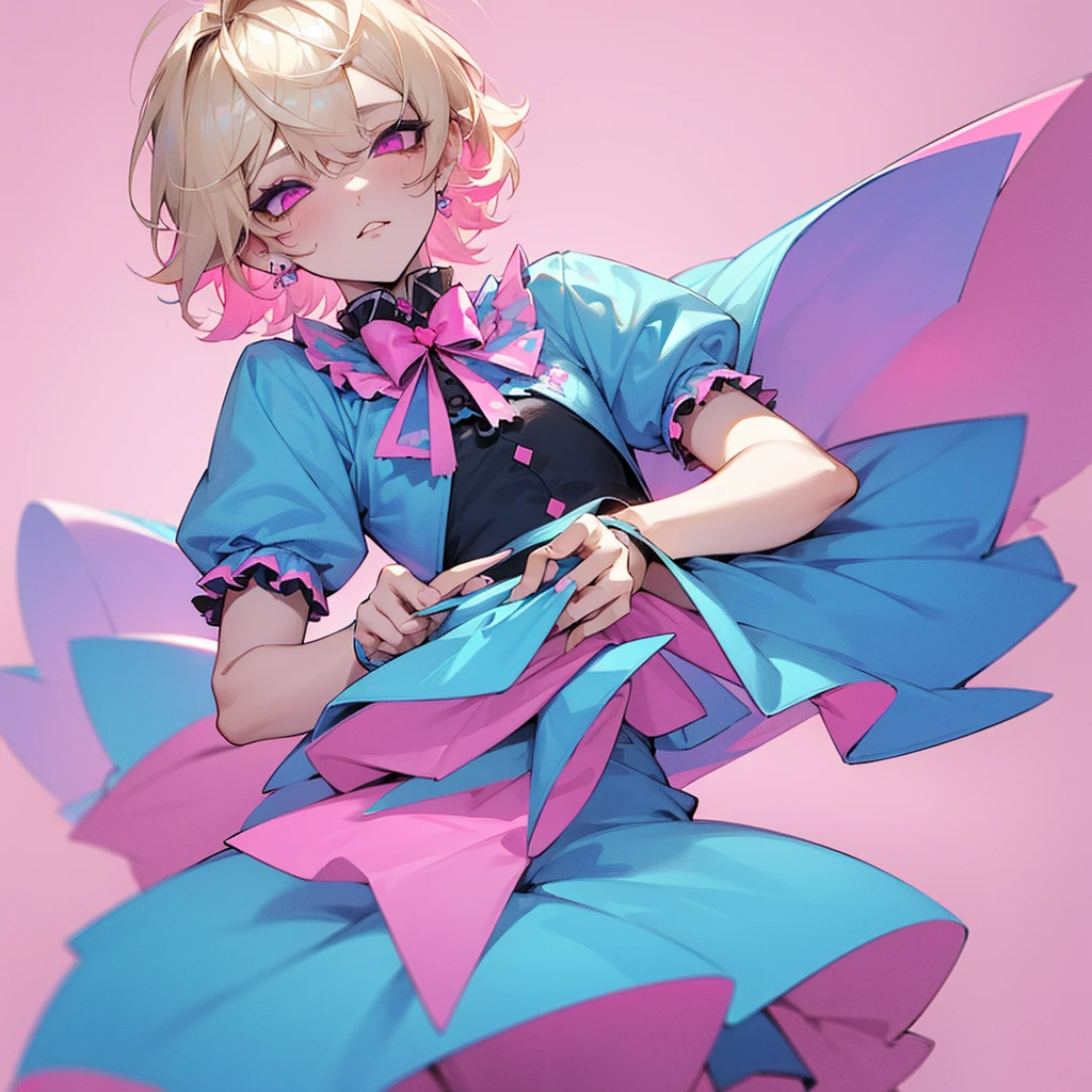 Boy, male, short blonde hair, fluffy hair, blue and pink ****ta dress, pastel, ****ta, pastel goth, cute, adorable, Femboy, man, pretty, neon pink eyes