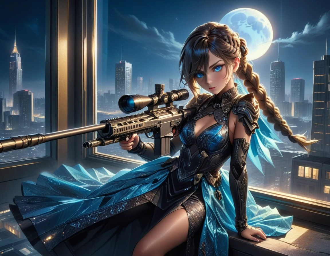 a portrait picture of a 1single woman sniper, standing in a window aiming a sniper rifle, an exotic beautiful woman sniper, dynamic hair, braided hair, full body shop, intense blue eyes, ultra detailed face, wearing (intricate evening dress: 1.5), elegant dress, dynamic color, dynamic style, wearing elegant stiletto heels , behind a window in a tall building at nigh, aiming a Light Sniper Rifle , cyberpunk city background, its night time, moon rays, some clouds,  (full body shot: 1.1) , vibrant, Ultra-high resolution, High Contrast, (masterpiece:1.5), highest quality, Best aesthetics), best details, best quality, highres, ultra wide angle, 16k, [ultra detailed], masterpiece, best quality, (extremely detailed) Sniper Rifle, evening dress