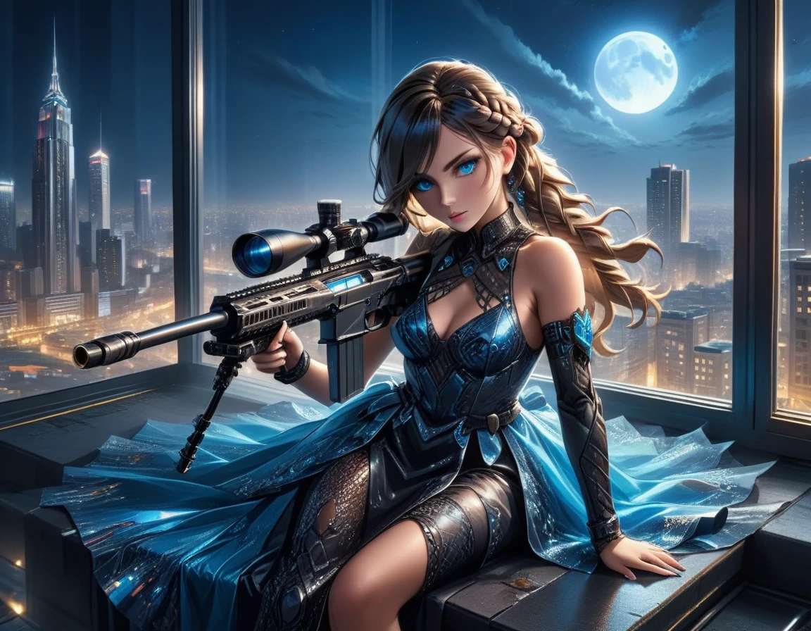 a portrait picture of a 1single woman sniper, standing in a window aiming a sniper rifle, an exotic beautiful woman sniper, dynamic hair, braided hair, full body shop, intense blue eyes, ultra detailed face, wearing (intricate evening dress: 1.5), elegant dress, dynamic color, dynamic style, wearing elegant stiletto heels , behind a window in a tall building at nigh, aiming a Light Sniper Rifle , cyberpunk city background, its night time, moon rays, some clouds,  (full body shot: 1.1) , vibrant, Ultra-high resolution, High Contrast, (masterpiece:1.5), highest quality, Best aesthetics), best details, best quality, highres, ultra wide angle, 16k, [ultra detailed], masterpiece, best quality, (extremely detailed) Sniper Rifle, evening dress