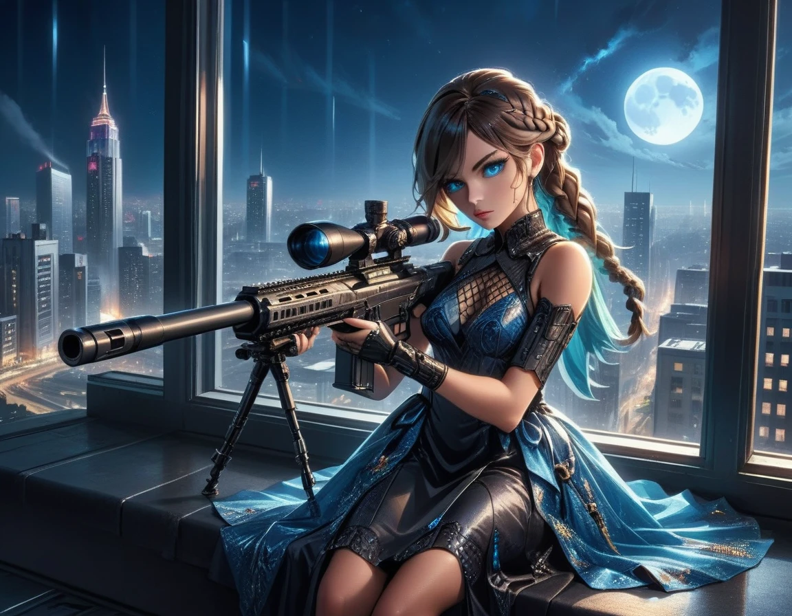 a portrait picture of a 1single woman sniper, standing in a window aiming a sniper rifle, an exotic beautiful woman sniper, dynamic hair, braided hair, full body shop, intense blue eyes, ultra detailed face, wearing (intricate evening dress: 1.5), elegant dress, dynamic color, dynamic style, wearing elegant stiletto heels , behind a window in a tall building at nigh, aiming a Light Sniper Rifle , cyberpunk city background, its night time, moon rays, some clouds,  (full body shot: 1.1) , vibrant, Ultra-high resolution, High Contrast, (masterpiece:1.5), highest quality, Best aesthetics), best details, best quality, highres, ultra wide angle, 16k, [ultra detailed], masterpiece, best quality, (extremely detailed) Sniper Rifle, evening dress