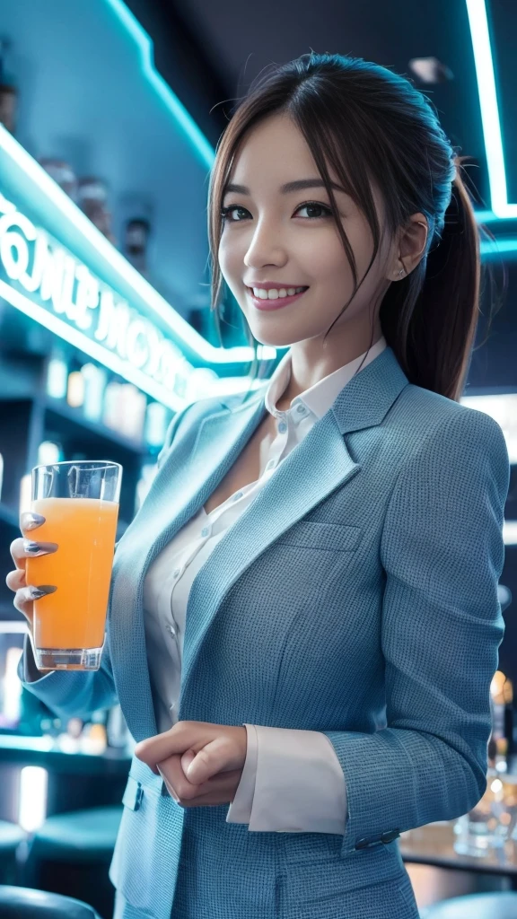 A beautiful woman in a stylish business suit、Enjoying a drink in a neon-lit bar、The scene where she shows off her best smile。The scenes are vivid and of high quality、Detailed and meticulously drawn。Beautiful woman&#39;s perfect face highlighted by neon lights、It creates a wonderful contrast。The bar is decorated with colorful neon signs.、There is a lively atmosphere。Business suits are sophisticated and stylish.、It accentuates her elegant appearance。Ultra-realistic 8K resolution throughout、Captures every detail。Her face is full of joy、With beautiful eyes and a perfect smile、It gives the scene a sense of life and charm.。