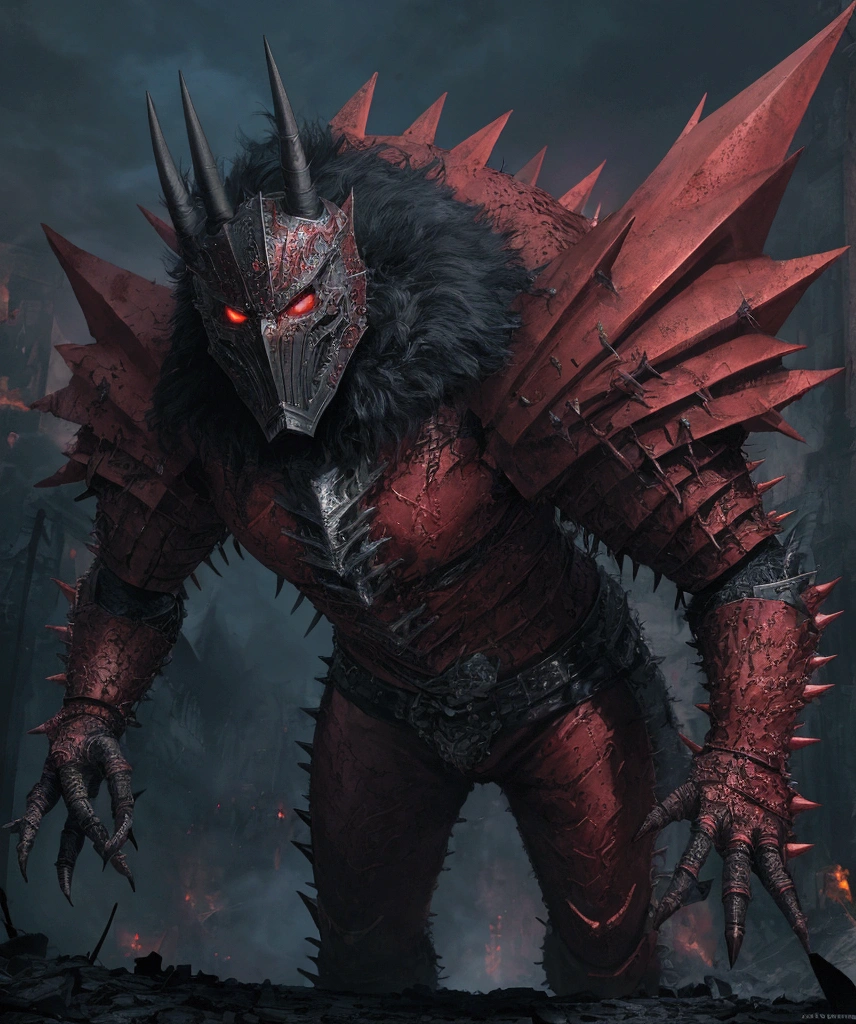 (extremely detailed 8k wallpaper), a medium shot photo of  Grim dressed as a scary masked metal red furry-supervillain in a metal red spiked armour made of fur glowing armour with spikes from marvel, theme, intricate, high detail, dramatic, furry monster and destroyed buildings in the background