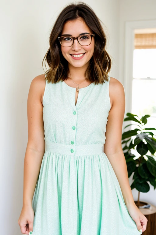 25 year old girl, short brown hair, wearing glasses, smiling in a light mint dress