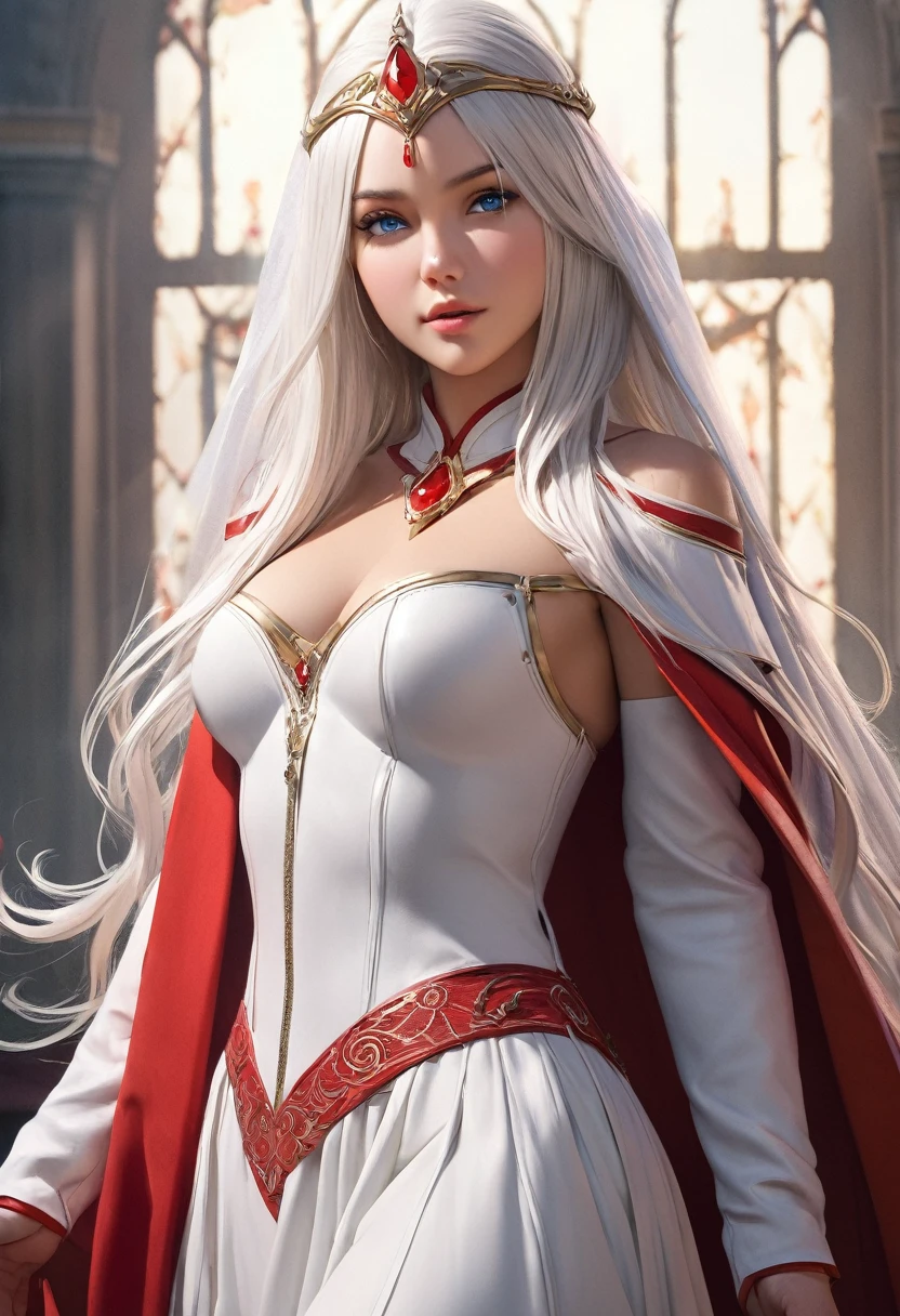 (best quality,4k,8k,highres,masterpiece:1.2), ultra-detailed, (realistic,photorealistic,photo-realistic:1.37),((Highly detailed CG Unity 8k wallpaper)), masterpiece, Super detailed, floating, High resolution, Sexually suggestive, (small, Extremely long white hair, Princess, White Mage, blue eyes, (It has long, wide sleeves and intricate embroidery. A gorgeous layered long dress in white and red with a sheer look), Bridal Veil, Circlet, Bridal Gauntlet, Blushing, shy, arched back, Frilled petticoat, Glamorous corset,