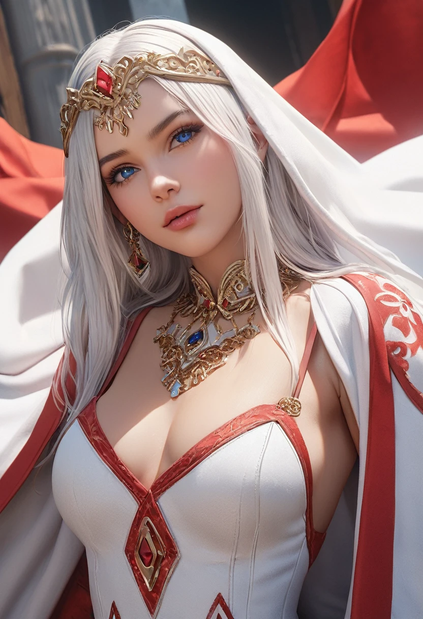 (best quality,4k,8k,highres,masterpiece:1.2), ultra-detailed, (realistic,photorealistic,photo-realistic:1.37),((Highly detailed CG Unity 8k wallpaper)), masterpiece, Super detailed, floating, High resolution, Sexually suggestive, (small, Extremely long white hair, Princess, White Mage, blue eyes, (It has long, wide sleeves and intricate embroidery. A gorgeous layered long dress in white and red with a sheer look), Bridal Veil, Circlet, Bridal Gauntlet, Blushing, shy, arched back, Frilled petticoat, Glamorous corset,